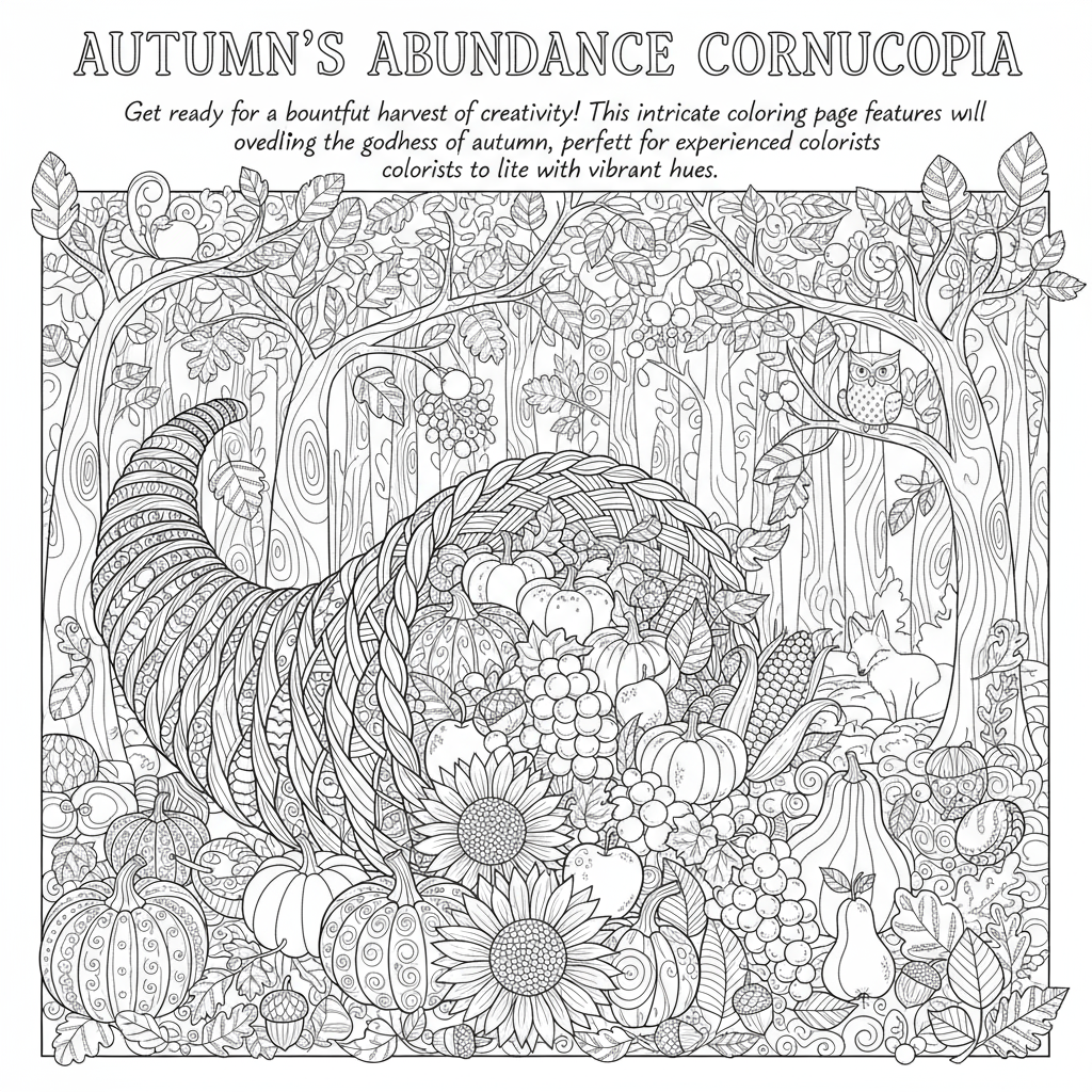 A detailed cornucopia overflowing with harvest goods and fall foliage ...